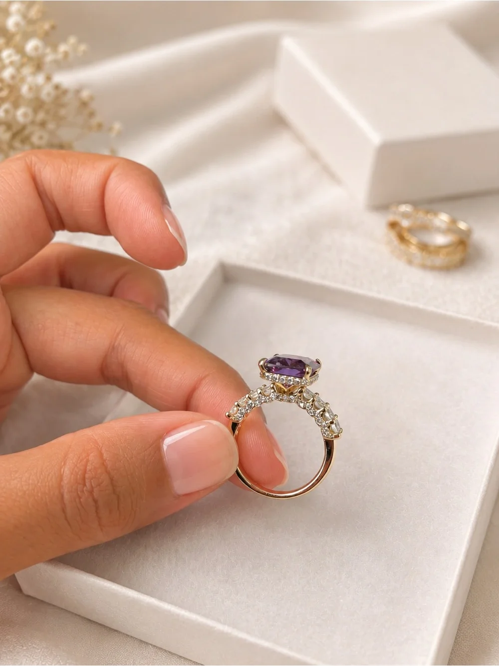 Brazilian Gold Purple Emerald-Cut CZ Statement Ring